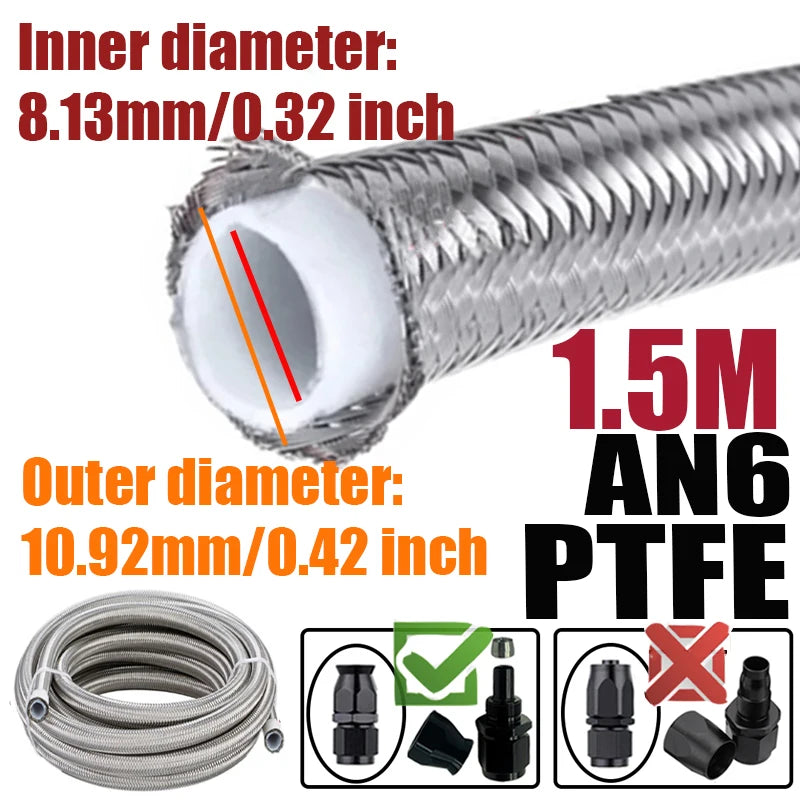 0.5M/1M/1.5M/2M 3AN 4AN 6AN 8AN 10AN E85 PTFE Fuel Hose Oil Gas Cooler Line Turbo Pipe Brake Tube 304 Stainless Steel Braided