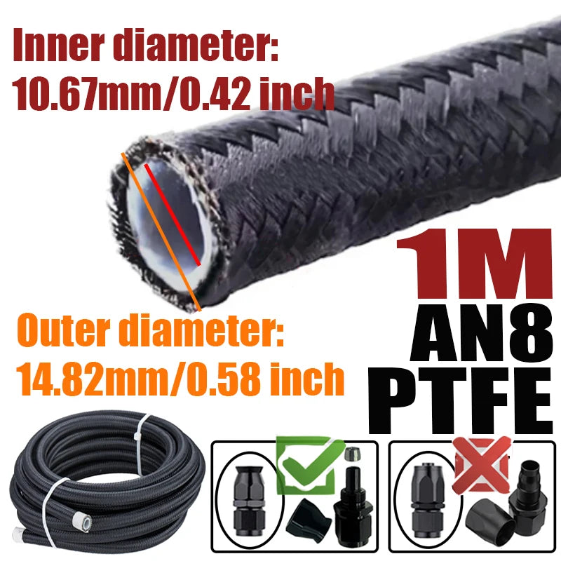 0.5M/1M/1.5M/2M 3AN 4AN 6AN 8AN 10AN PTFE E85 Fuel Hose Oil Gas Cooler Line Turbo Pipe Brake Tube Nylon Stainless Steel Braided