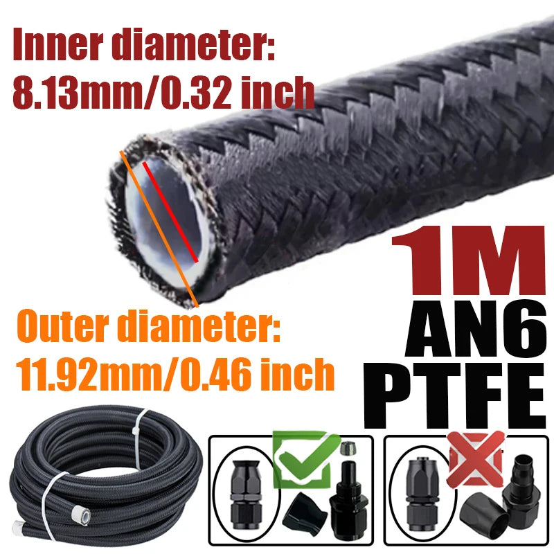 0.5M/1M/1.5M/2M 3AN 4AN 6AN 8AN 10AN PTFE E85 Fuel Hose Oil Gas Cooler Line Turbo Pipe Brake Tube Nylon Stainless Steel Braided