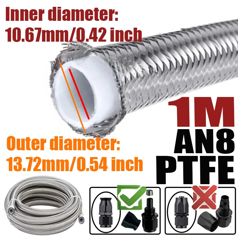 0.5M/1M/1.5M/2M 3AN 4AN 6AN 8AN 10AN E85 PTFE Fuel Hose Oil Gas Cooler Line Turbo Pipe Brake Tube 304 Stainless Steel Braided
