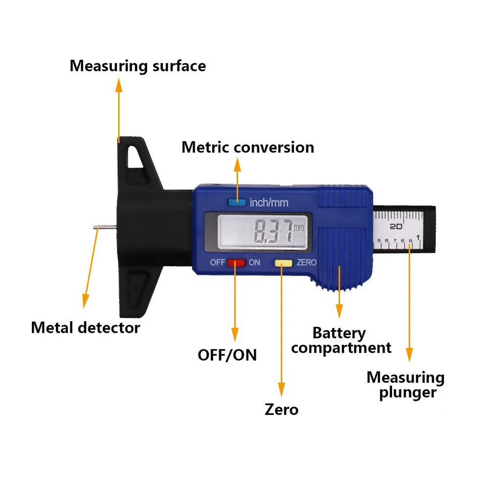 0-25mm Digital Depth Gauge Caliper Tread Depth LCD Screen Display Tread Gauge for Car Tyre Measure Instrument Tool(No Battery)