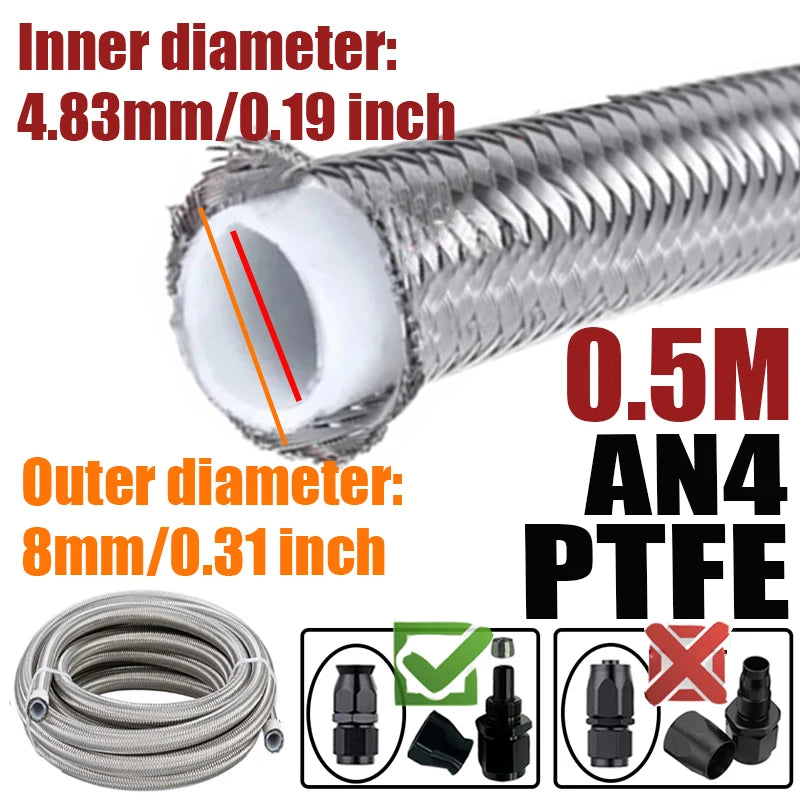 0.5M/1M/1.5M/2M 3AN 4AN 6AN 8AN 10AN E85 PTFE Fuel Hose Oil Gas Cooler Line Turbo Pipe Brake Tube 304 Stainless Steel Braided
