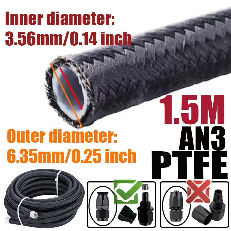0.5M/1M/1.5M/2M 3AN 4AN 6AN 8AN 10AN PTFE E85 Fuel Hose Oil Gas Cooler Line Turbo Pipe Brake Tube Nylon Stainless Steel Braided