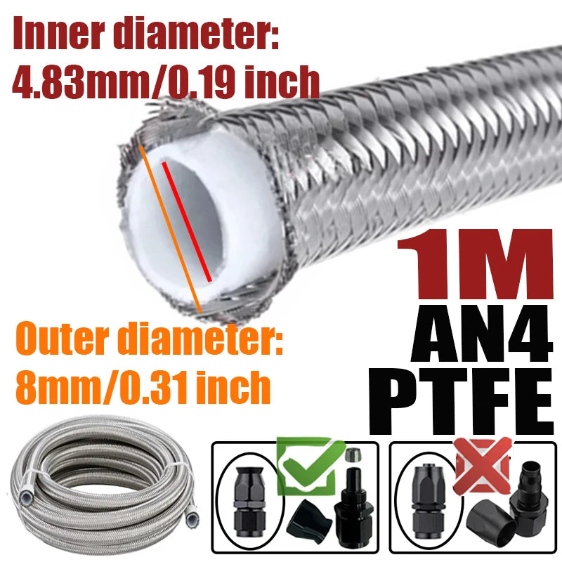 0.5M/1M/1.5M/2M 3AN 4AN 6AN 8AN 10AN E85 PTFE Fuel Hose Oil Gas Cooler Line Turbo Pipe Brake Tube 304 Stainless Steel Braided