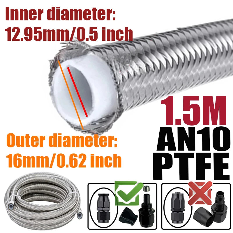 0.5M/1M/1.5M/2M 3AN 4AN 6AN 8AN 10AN E85 PTFE Fuel Hose Oil Gas Cooler Line Turbo Pipe Brake Tube 304 Stainless Steel Braided