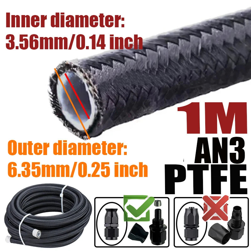 0.5M/1M/1.5M/2M 3AN 4AN 6AN 8AN 10AN PTFE E85 Fuel Hose Oil Gas Cooler Line Turbo Pipe Brake Tube Nylon Stainless Steel Braided