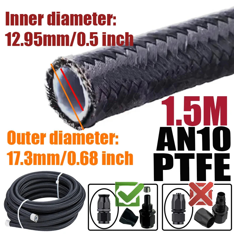 0.5M/1M/1.5M/2M 3AN 4AN 6AN 8AN 10AN PTFE E85 Fuel Hose Oil Gas Cooler Line Turbo Pipe Brake Tube Nylon Stainless Steel Braided