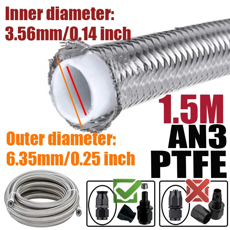 0.5M/1M/1.5M/2M 3AN 4AN 6AN 8AN 10AN E85 PTFE Fuel Hose Oil Gas Cooler Line Turbo Pipe Brake Tube 304 Stainless Steel Braided