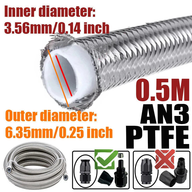 0.5M/1M/1.5M/2M 3AN 4AN 6AN 8AN 10AN E85 PTFE Fuel Hose Oil Gas Cooler Line Turbo Pipe Brake Tube 304 Stainless Steel Braided