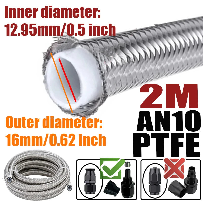 0.5M/1M/1.5M/2M 3AN 4AN 6AN 8AN 10AN E85 PTFE Fuel Hose Oil Gas Cooler Line Turbo Pipe Brake Tube 304 Stainless Steel Braided
