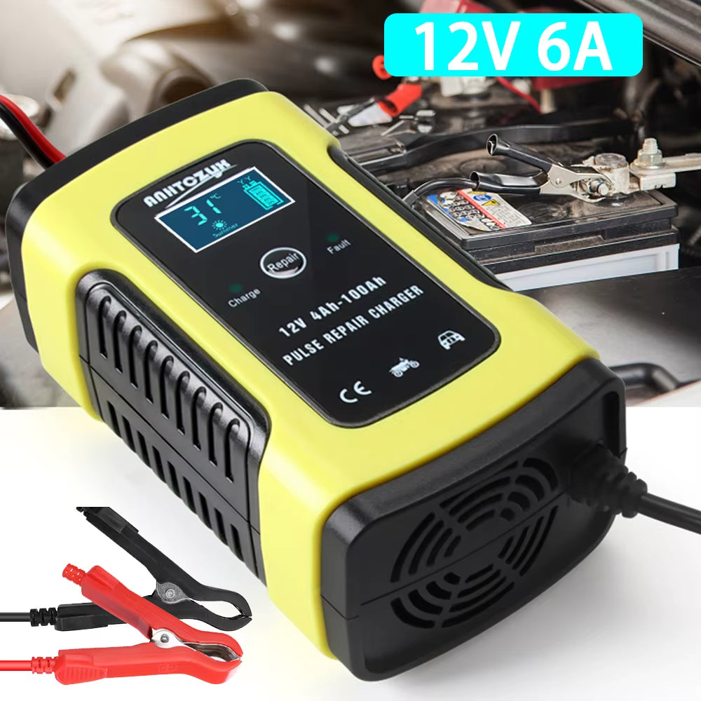 Car Battery Charger 12V 6A Touch Screen Pulse Repair Digital LCD Display Smart Fast Charger for Car Motorcycle