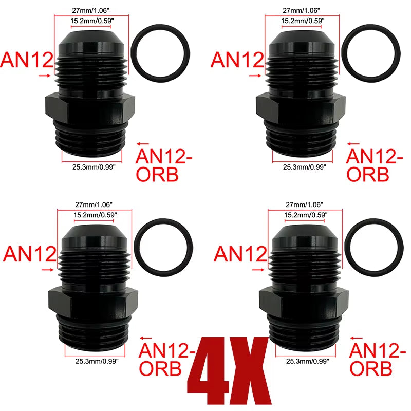 4X Fuel Line Hose Fitting Male Adapter ORB-6 ORB-8 ORB-10 ORB-12 O-Ring Boss to 6AN 8AN 10AN 12AN Aluminum Flare Fitting Black