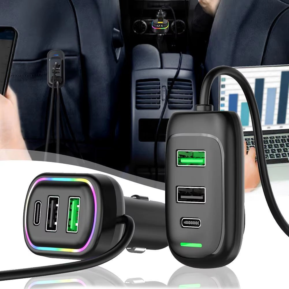 6-Ports 48W Front and Rear Extension Car Charger with RGB Light PD Fast Charging USB Type-C Power Adapter for Phone Laptop