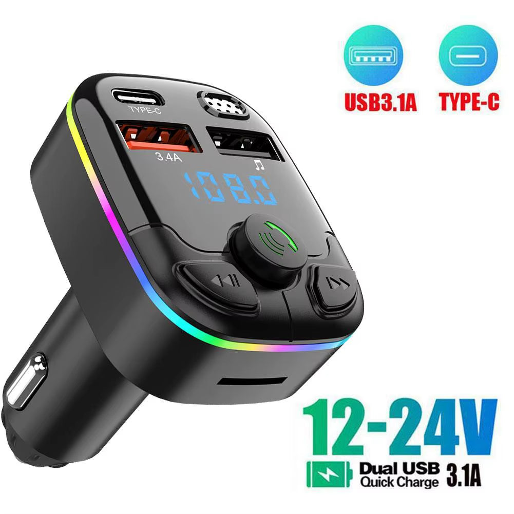 Car Bluetooth 5.0 FM Transmitter PD Type-C Dual USB Light 3.1A Player Modulator Charger Handsfree Colorful Ambient MP3 Fast J6I9