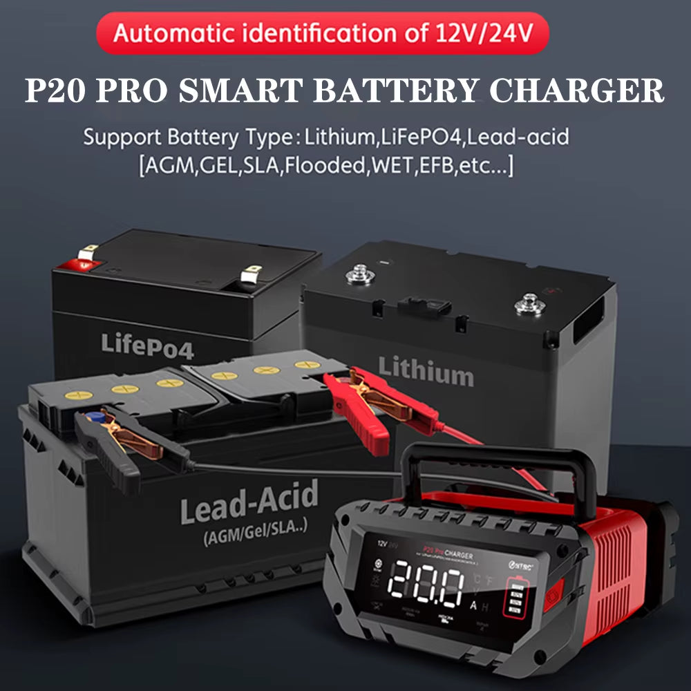 20A for Car Motorcycle Lifepo4 Charger for Lithium AGM GEL Lead-Acid Battery Charger 12V/24V Car Battery Charger