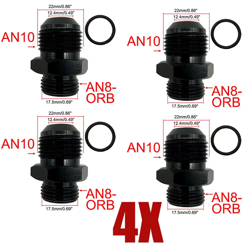 4X Fuel Line Hose Fitting Male Adapter ORB-6 ORB-8 ORB-10 ORB-12 O-Ring Boss to 6AN 8AN 10AN 12AN Aluminum Flare Fitting Black