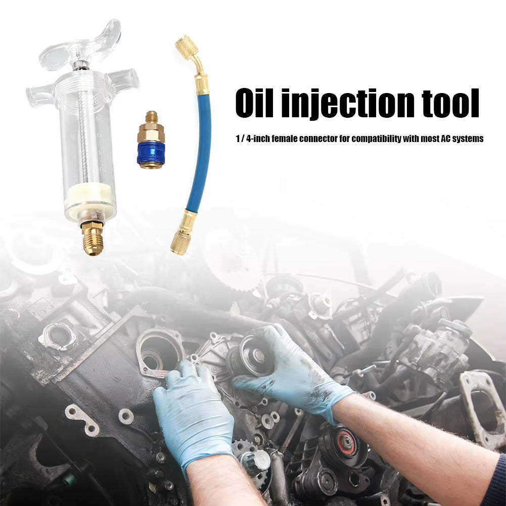 Car A/C Oil Dye Injector with Low Side Quick Coupler Adapter 1/4 SAE Manual Oiler Injection 30Ml Air Conditioning Repair Tools