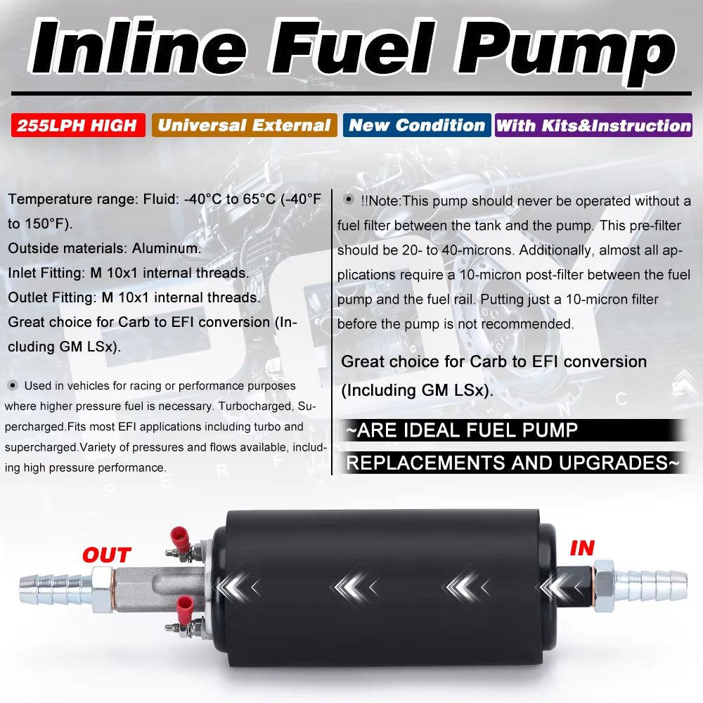LIZHI- Black Universal High Flow & Fuel Pump GSL392 Pressure External Inline 255LPH with  Logo or Withou Logo LZ-FPB005