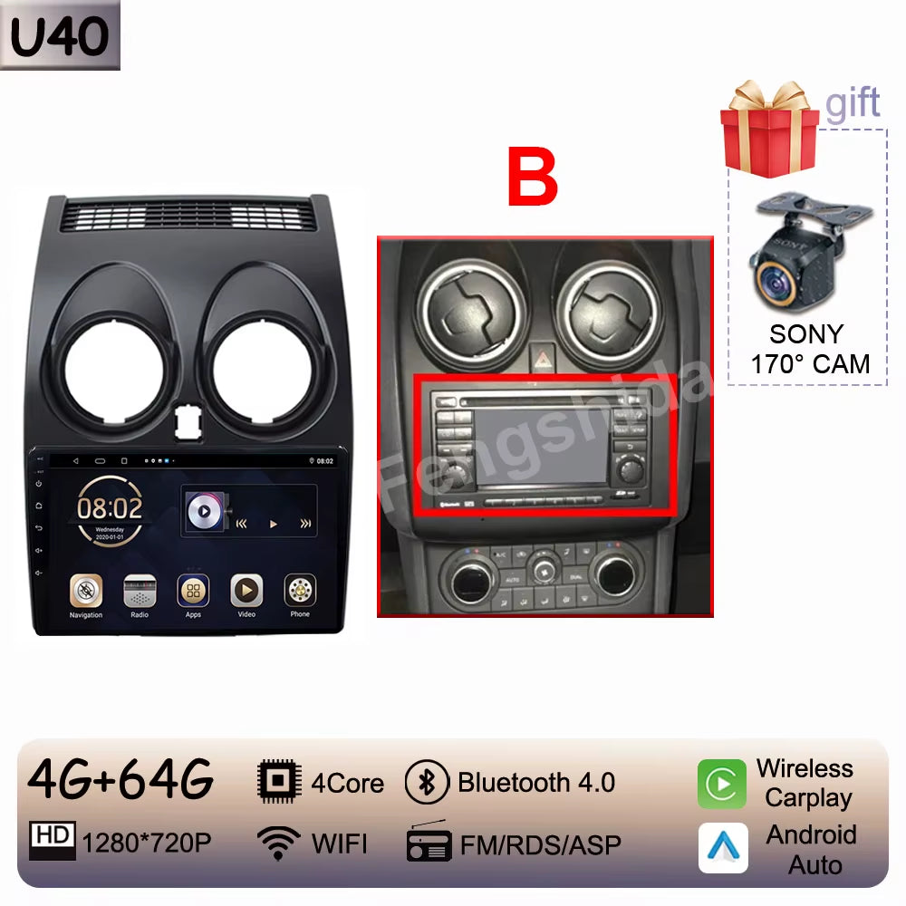 For Nissan Qashqai J10 2006 - 2013 Android 14 Auto Car Radio Multimedia Video Player Stereo Head Unit Audio Carplay