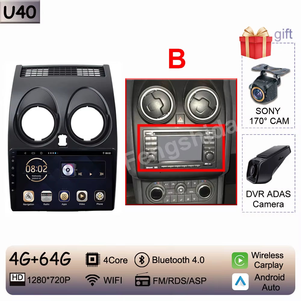 For Nissan Qashqai J10 2006 - 2013 Android 14 Auto Car Radio Multimedia Video Player Stereo Head Unit Audio Carplay