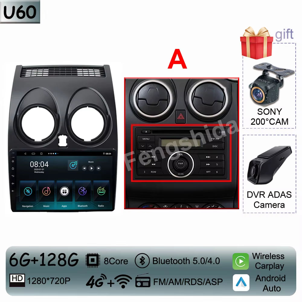 For Nissan Qashqai J10 2006 - 2013 Android 14 Auto Car Radio Multimedia Video Player Stereo Head Unit Audio Carplay