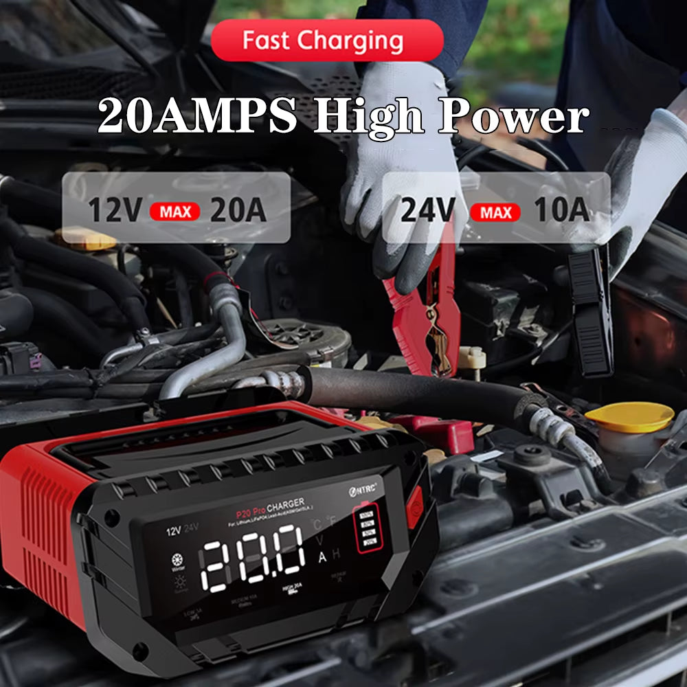 20A for Car Motorcycle Lifepo4 Charger for Lithium AGM GEL Lead-Acid Battery Charger 12V/24V Car Battery Charger