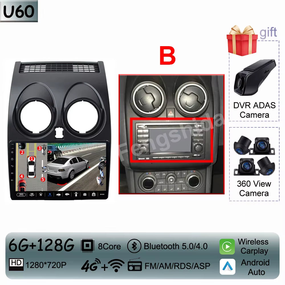 For Nissan Qashqai J10 2006 - 2013 Android 14 Auto Car Radio Multimedia Video Player Stereo Head Unit Audio Carplay