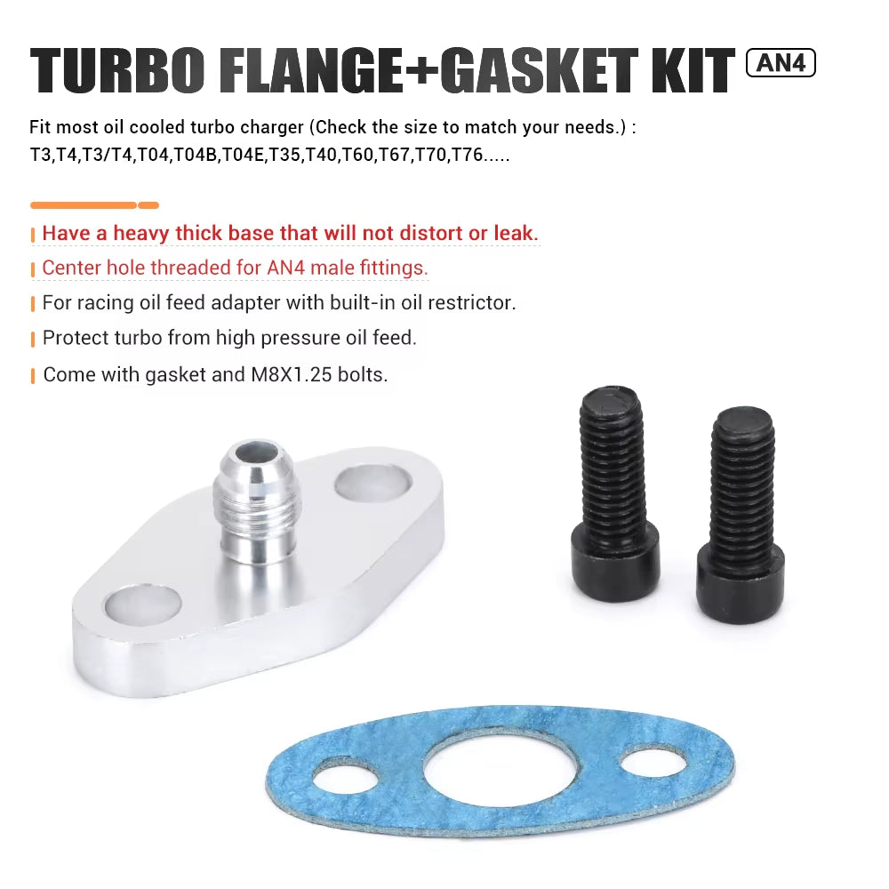VR - Turbo Oil Feed Inlet Flange Gasket Adapter Kit 4AN 4 an Fitting T3 T3/T4 T04 VR-OFG31