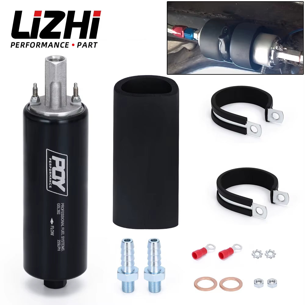 LIZHI- Black Universal High Flow & Fuel Pump GSL392 Pressure External Inline 255LPH with  Logo or Withou Logo LZ-FPB005