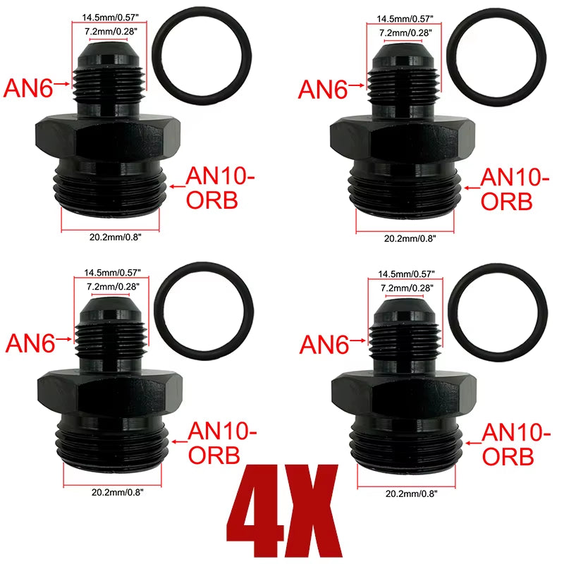 4X Fuel Line Hose Fitting Male Adapter ORB-6 ORB-8 ORB-10 ORB-12 O-Ring Boss to 6AN 8AN 10AN 12AN Aluminum Flare Fitting Black