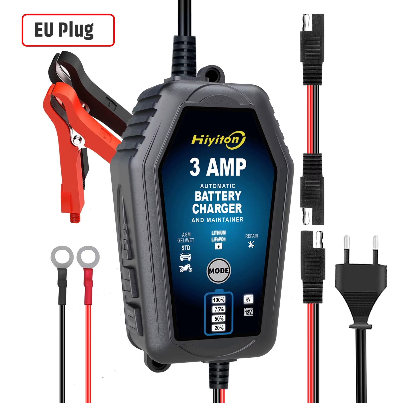 6V 12V 3000Ma Car Smart Battery Charger for Lithium Lifepo4 Lead-Acid Battery Pluse Repair Charge Maintainer EU Stock