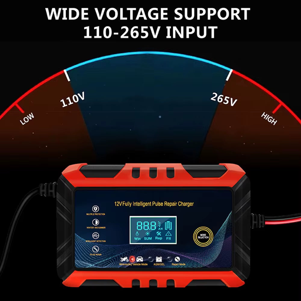 Car Battery Charger 12V 6A Touch Screen Pulse Repair Digital LCD Display Smart Fast Charger for Car Motorcycle