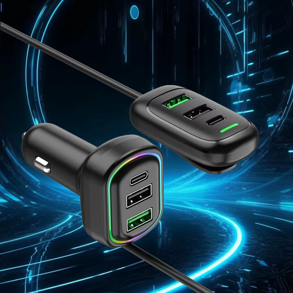 6-Ports 48W Front and Rear Extension Car Charger with RGB Light PD Fast Charging USB Type-C Power Adapter for Phone Laptop