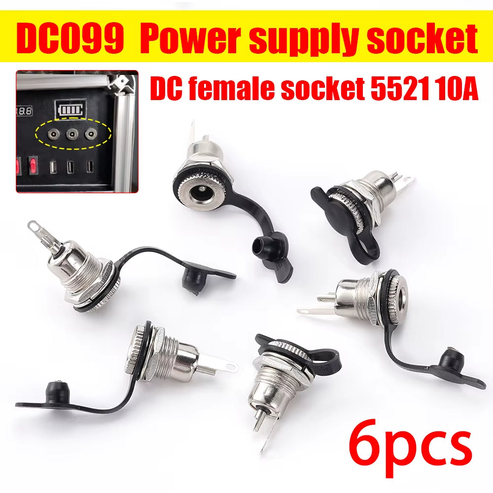 6Pcs/Set DC099 Power Supply Socket DC Female Socket 5521 5525 Power Jack Socket Female Panel Mount Connector Metal 10A
