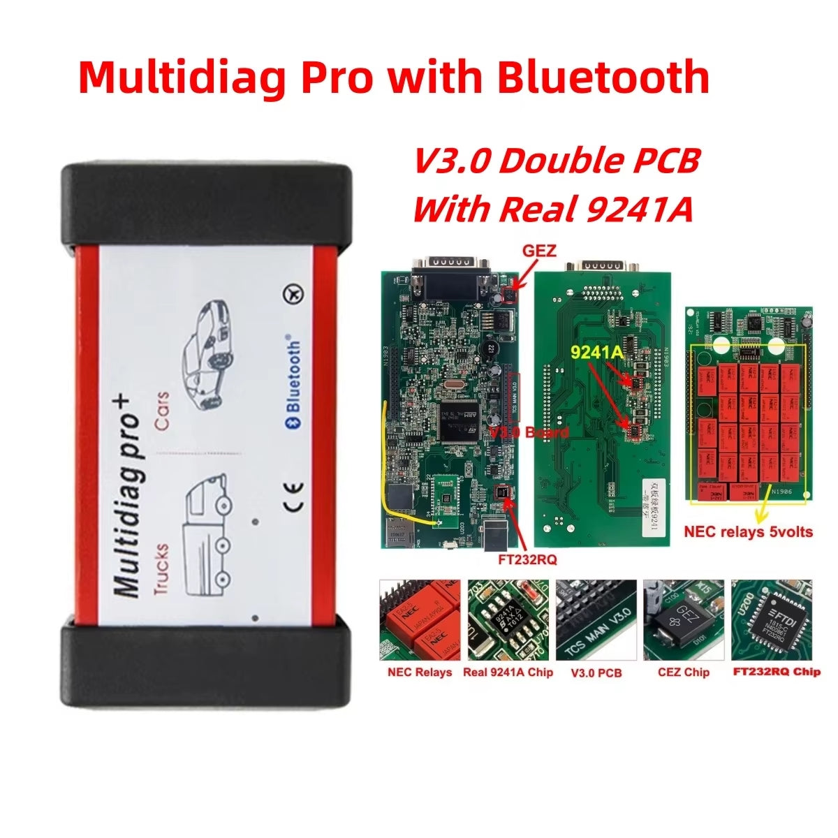Multidiag Pro 2021.11 with Keygen V3.0 Real 9241A Chip Bluetooth OBD2 Scanner TCS PRO Car Truck Diagnostic Tool DS NEC Relays