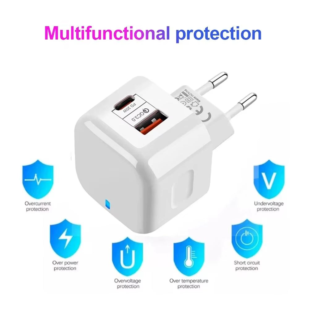 20W 2 Ports USB Type C Charger PD Quick Charger Mobile Phone Travel Charger Mini Portable New Wall Safety Protection Charger