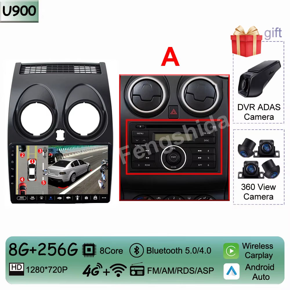 For Nissan Qashqai J10 2006 - 2013 Android 14 Auto Car Radio Multimedia Video Player Stereo Head Unit Audio Carplay