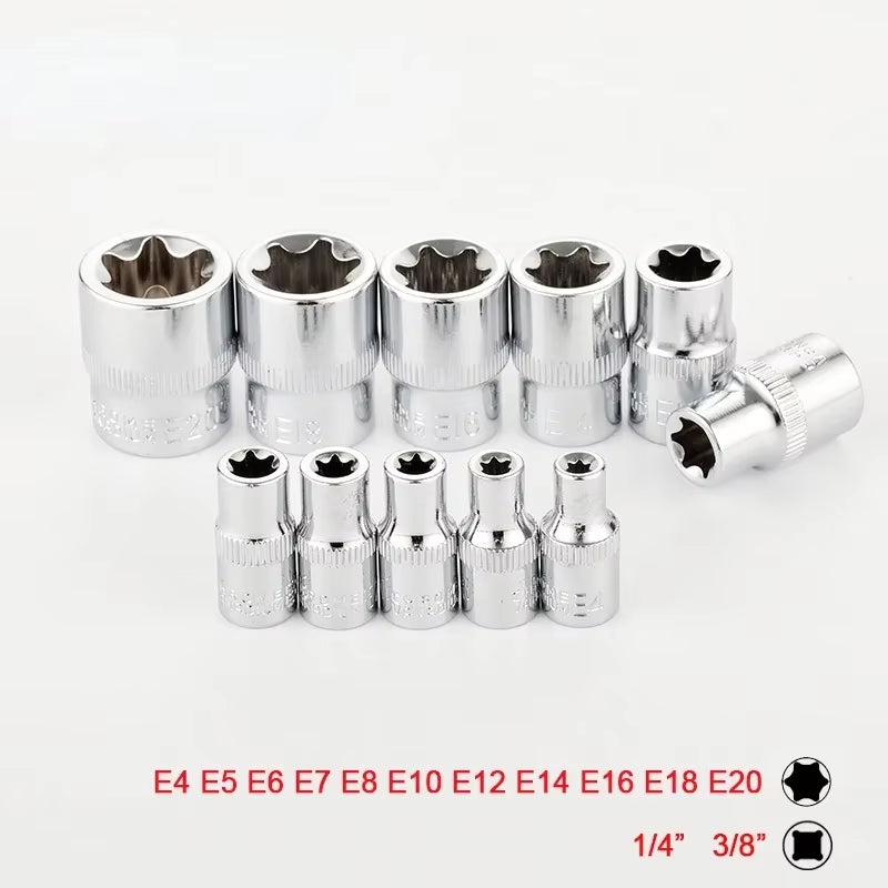 11Pcs 1/4" 3/8" Star Socket Set Femal E Type Sockets Wrench Head E4 E5 E6 E7 E8 E10 E12 E14 E16 E18 E20 Auto Repair Tools