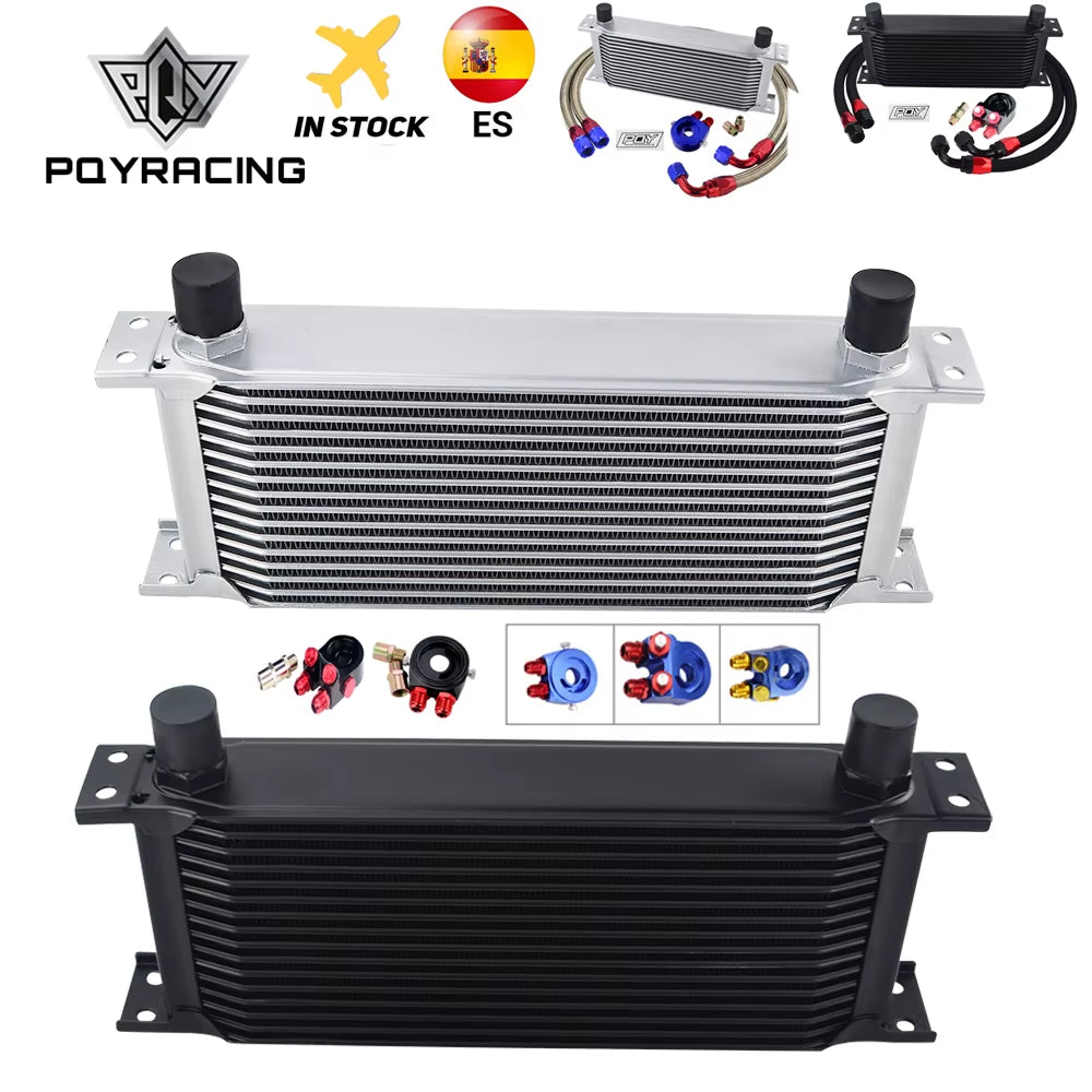 Universal 16 Rows Oil Cooler Kit with Oil Filter Sandwich Adapter and Stainless Steel Braided An10 Hose +  Sticker