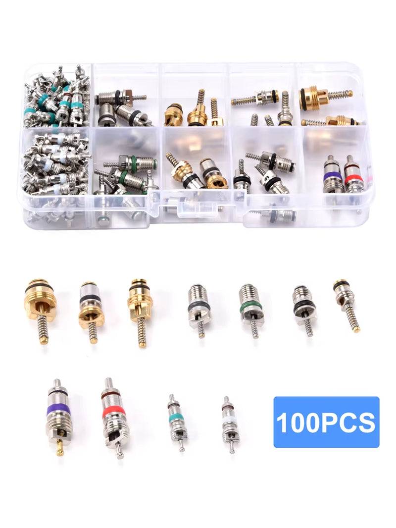 100Pcs R134A Car A/C Core Valves Automotive Air Conditioners Valve Cores Remover Tool Kit Золотник Кондиционера