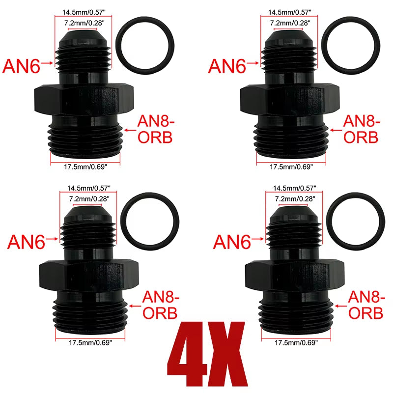 4X Fuel Line Hose Fitting Male Adapter ORB-6 ORB-8 ORB-10 ORB-12 O-Ring Boss to 6AN 8AN 10AN 12AN Aluminum Flare Fitting Black