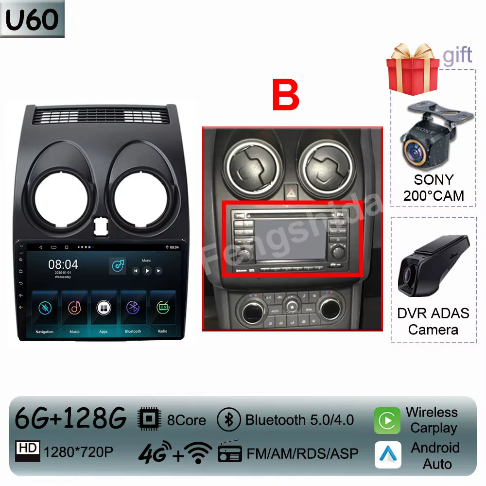 For Nissan Qashqai J10 2006 - 2013 Android 14 Auto Car Radio Multimedia Video Player Stereo Head Unit Audio Carplay