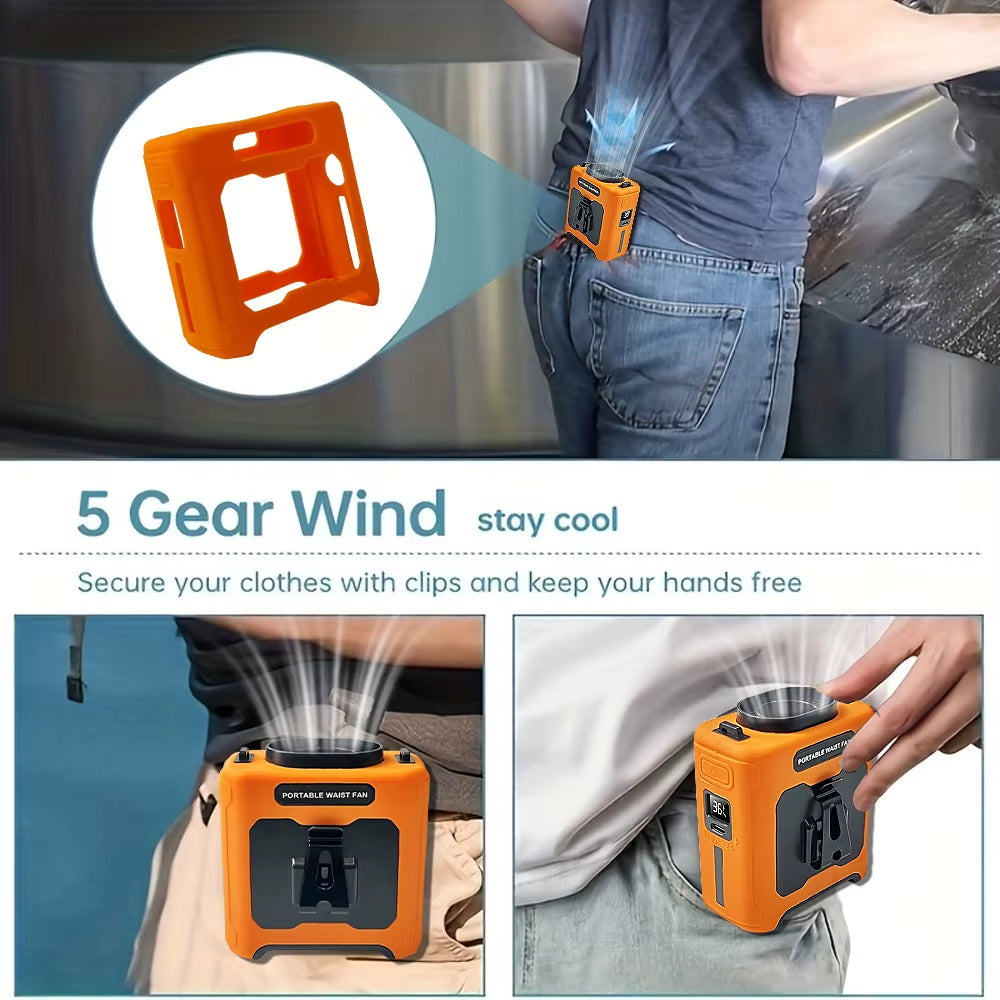 20000Mah Portable Mini Waist Hanging Fan with LED Lighting USB Power Bank Neck Hanging Fan 5-Speed Strong Airflow Cooling Fan