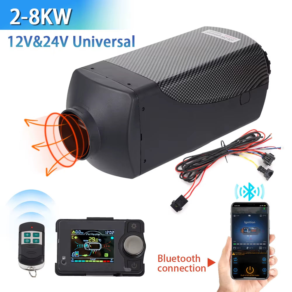 2-8KW Bluetooth Parking Heater Black Universal Current 12V&24V Split Unit for Indoor Outdoor Camping Boats RVS Trucks Vans