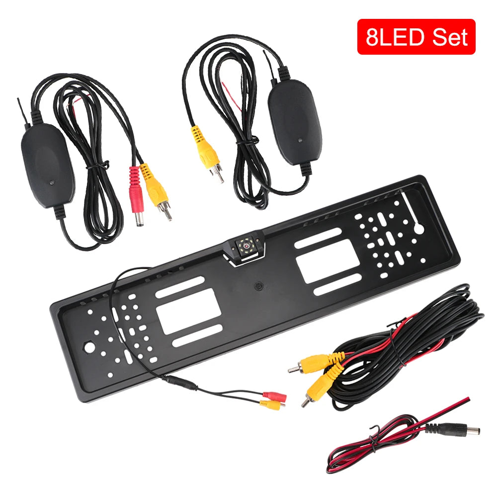 12V Car Rear View Camera 4/8 LED European UK License Plate Holder Parking Sensor 2.4G Reverse Vedio Receiver PDC Parltronics Set