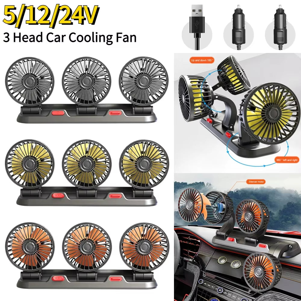 12V Automotive Fan Car Fan 24V 360° Adjustable 3 Head Air Fan Low Noise Multifunctional Temporary Parking Card Auto Vehicles Fan