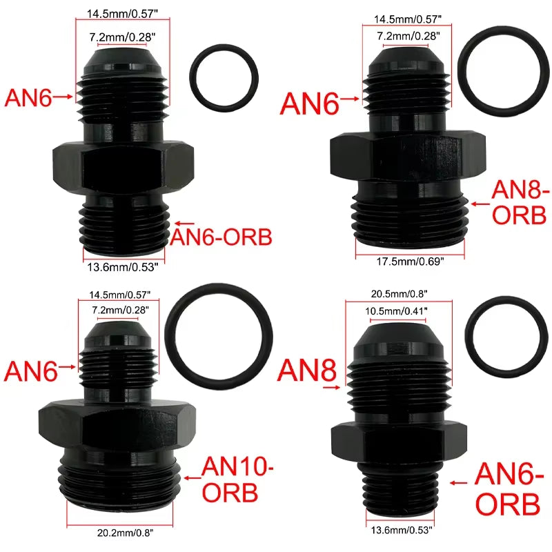 4X Fuel Line Hose Fitting Male Adapter ORB-6 ORB-8 ORB-10 ORB-12 O-Ring Boss to 6AN 8AN 10AN 12AN Aluminum Flare Fitting Black